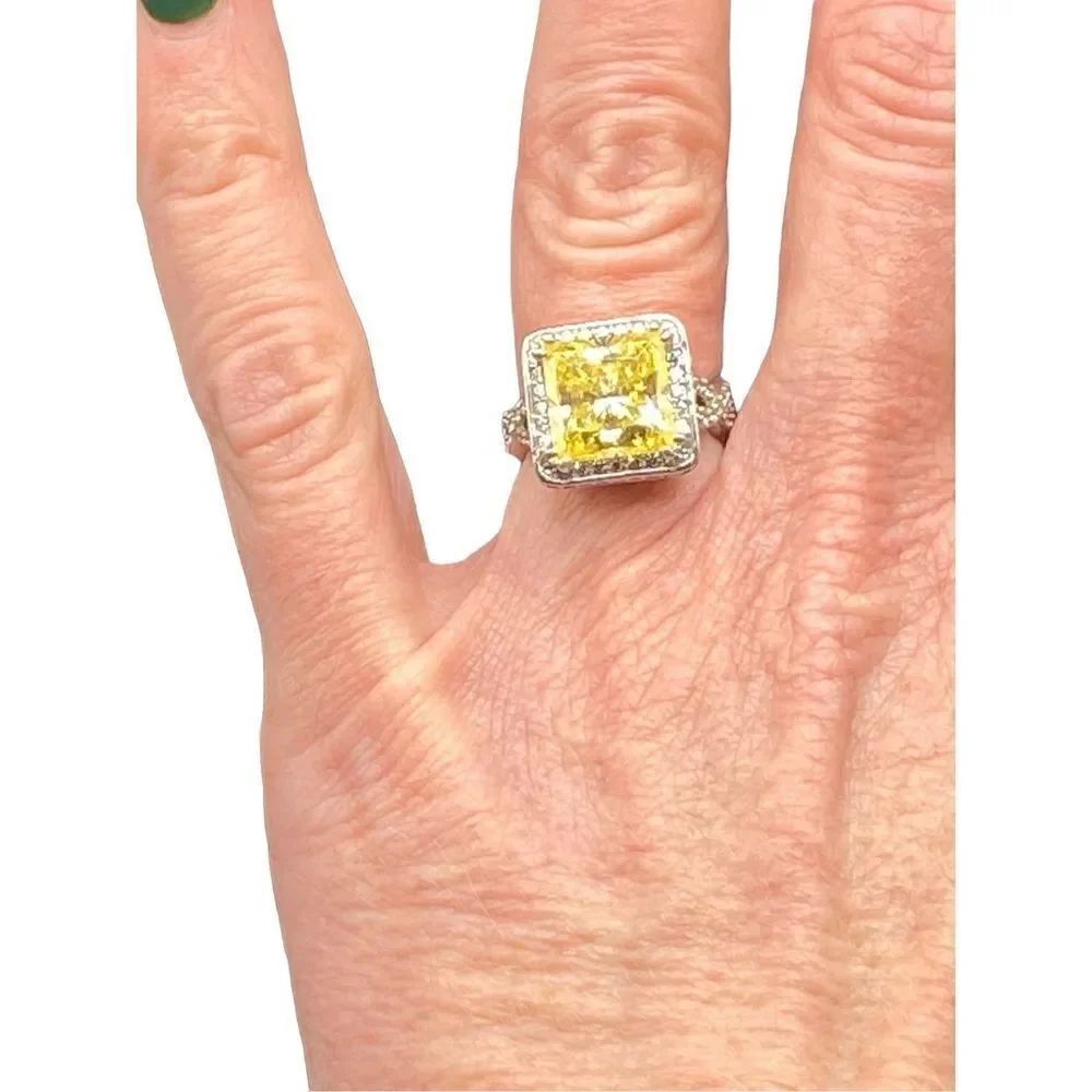 Sterling silver 925 Canary diamond princess cut CZ halo style high profile wrapp